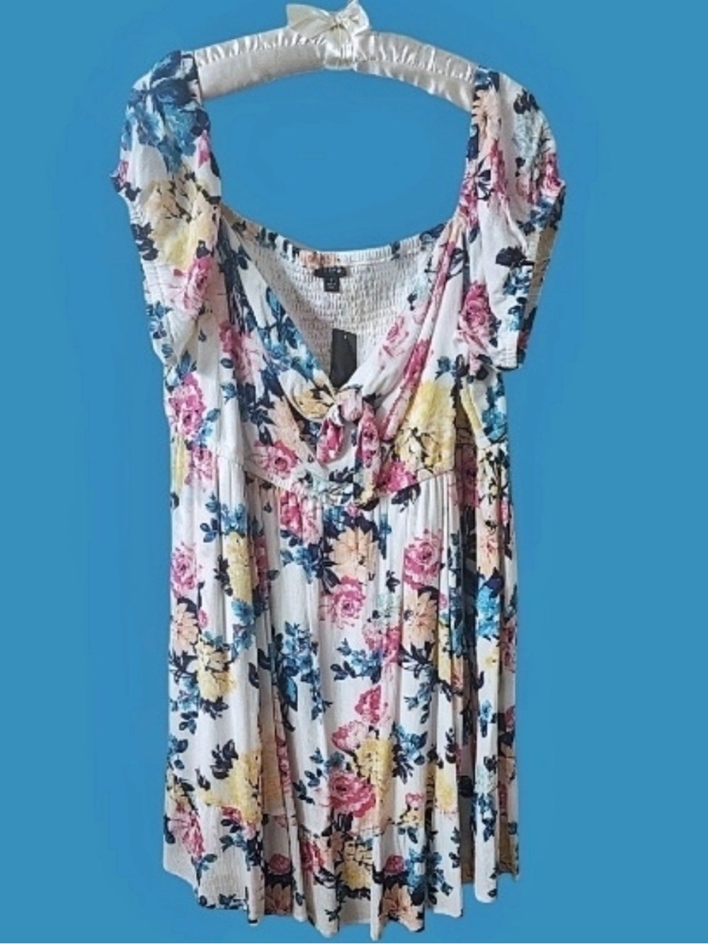 Torrid Floral Tie-Front Midi Dress  - White With Pink, Yellow & Blue Flowers